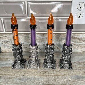 Set Of 4 Gothic Halloween LED Candles Skull Bases Orange & Purple READ